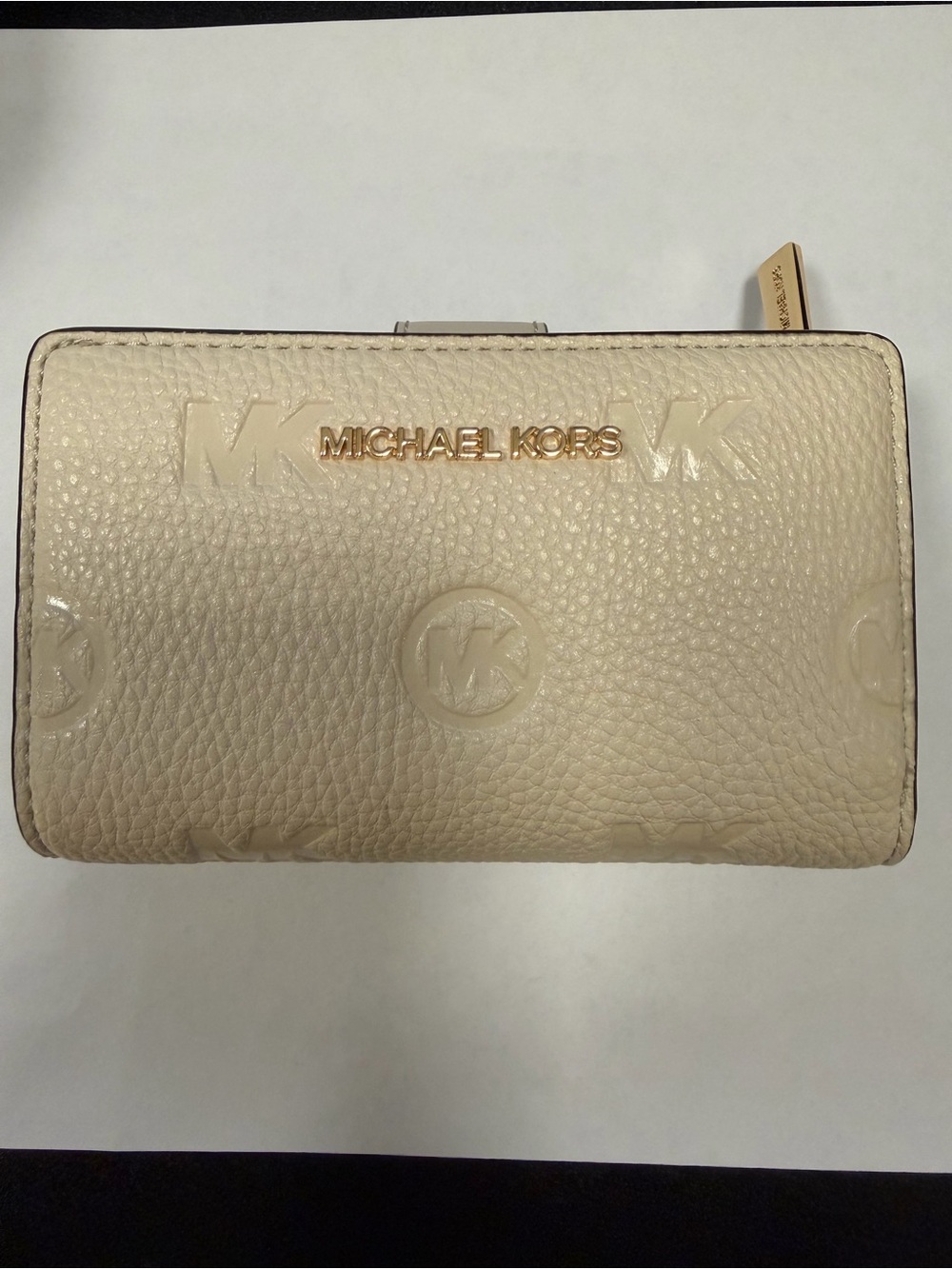 Michael Kors Cream Embossed Leather Zip Wallet with Gold Logo-NWT